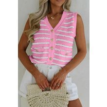 Pink Stripe V Neck Gold Buttons Elegant Sweater Vest