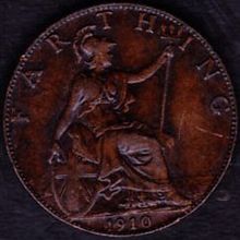 1910 Great Britain 1 Farthing Coin