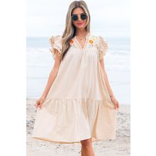Jet Stream Linen Embroidery Split Neck Pom Pom Ruffle Sleeves Flowy Short Dress