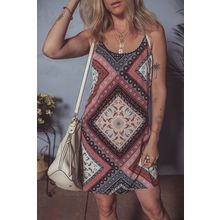 Red Geometric Paisley Print Sleeveless Shift Mini Dress