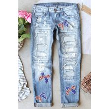 Light Blue Flag Pattern Inspired Sequin Bow Graphic Distressed Jeans