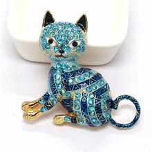 Blue Enamel Cute Playful Cat Crystal Fashion Women Charm Brooch Pin Gifts