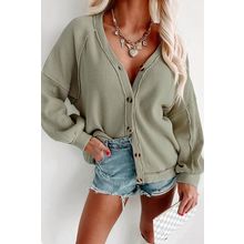 Green Exposed Seam Buttons Front Waffle Knit Cardigan