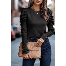Black Buttoned Puff Long Sleeve Sheath Top