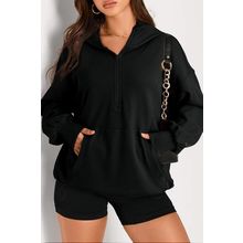 Black Solid Kangaroo Pocket Half Zipper Oversized Hoodie