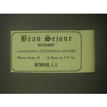 1945 Beau Sejour Restaurant Ad - Luncheon - Cocktails - Dinner