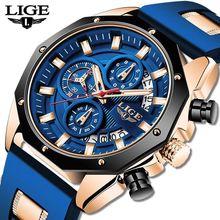 Gents Blue Face Full Chronograph Date Gold Case Blue Silicone Strap Watch Boxed