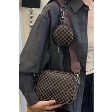 Coffee Checkered Print PU Leather Shoulder Bag with Coin Wallet