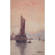 Rowing & Sailing Boats Sunset Old Panel Oilette Painting Postcard