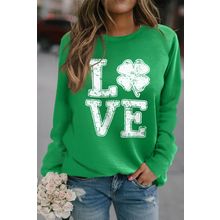 Green LOVE Clover Print Raglan Sleeve Pullover Sweatshirt