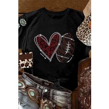 Black Rhinestone Rugby Heart Shape Graphic Crewneck T Shirt