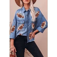 Sky Blue Sequin Rugby Graphic Flap Pockets Raw Hem Game Day Denim Jacket