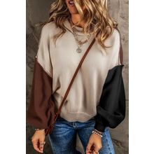 Coffee Colorblock Bishop Sleeve Ribbed Trim Sweater