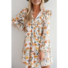 Yellow Floral Print Tie Neck Frilled Detail Long Sleeve Mini Dress