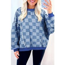 Sky Blue Checkerboard Splicing Raw Detail Oversized Denim Pullover