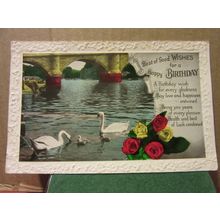 WISHES FOR A HAPPY BIRTHDAY, .. used vintage postcard swans