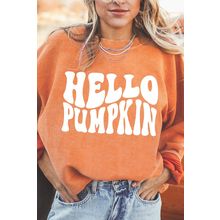Orange HELLO PUMPKIN Letter Graphic Corded Sweatshirt