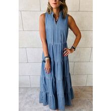 Blue Sleeveless Tiered Chambray Maxi Dress