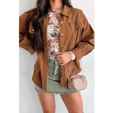 Cinnamon Corduroy Flap Pocket Button Up Round Hem Shacket