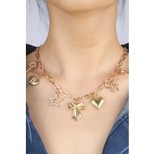 Gold Bow Heart Star Key Charm Alloy Adjustable Chain Necklace