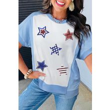 Sky Blue Patriotic Star Patched Colorblock T Shirt