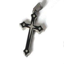 316L Stainless Steel Black Cross with Clear Crystals Pendant