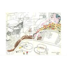Man Sleeping in Istanbul Cafe Turkey Stunning Sketch Painting Postcard
