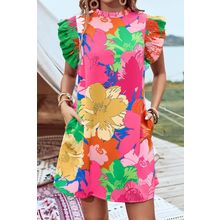 Pink Bold Floral Flutter Sleeve Shift Mini Dress with Pockets