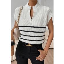White Stripe Half Zip Split Stand Neck Sweater T-shirt
