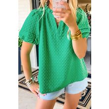 Bright Green Textured Puff Short Sleeve Notched V Neck Top