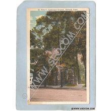 CT Milford Postcard St Peter's Episcopal Church Steet Scene wTrolley Track~1468
