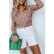 Red Retro Floral Print Stretchy Long Sleeve Top