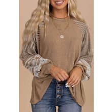 Light French Beige Floral Striped Patchwork Loose Long Sleeve Top