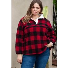 Fiery Red Plus Size Buffalo Plaid Sherpa Henley Sweatshirt