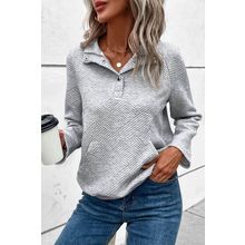 Light Grey Textured Knit Buttoned Kangaroo Pocket Sweatshirt
