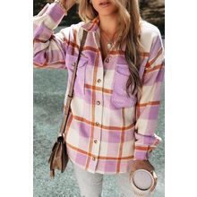 Purple Corduroy Pockets Brushed Checkered Shacket