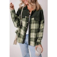 Blackish Green Snap Buttons Colorblock Plaid Shacket