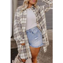 White Plaid Print Tunic Plus Size Shacket with Slits