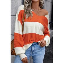 Orange Stripe Loose Color Block Drop Shoulder Bubble Sleeve Sweater