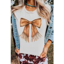 White Tassel Bowknot Print Round Neck Western Fashion T Shirt