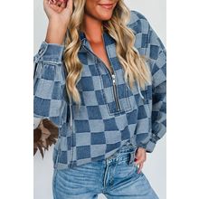Sky Blue Checkerboard Zipped Neck Kangaroo Pocket Denim Hoodie