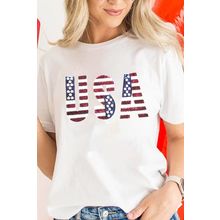 White USA Flag Sequin Patched Round Neck T Shirt