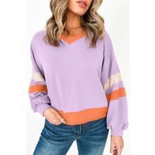 Orchid Bouquet Contrast Rib Knit Patchwork Drop Shoulder V Neck Sweatshirt