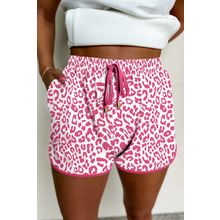 Pink Leopard Elastic Waist Lace up Contrast Trim Casual Shorts