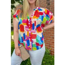 Colorful Brush Stroke Printed Plus Size Button Split Neck Blouse