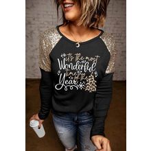 Black Wonderful Christmas Season Graphic Sequin Shoulder Top