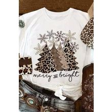 White Leopard Christmas Tree Graphic Print Crew Neck T Shirt
