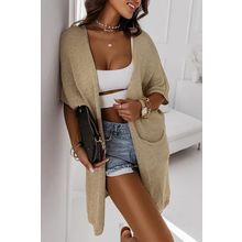 Khaki Dolman Half Sleeve Pocketed Long Cardigan