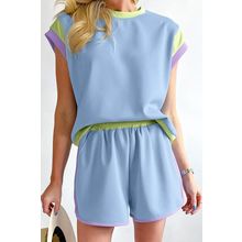 Blue Contrast Trim Cap Sleeve Tee Shorts Set
