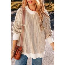 Chestnut Striped Textured Knit Contrast Edge Loose Sweater